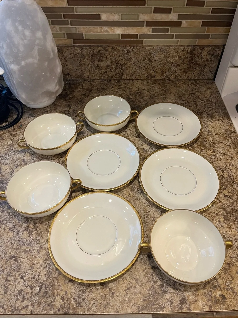 Black Knight Cream and Gold Trimmed Double-Handled Soup Cups with Saucers